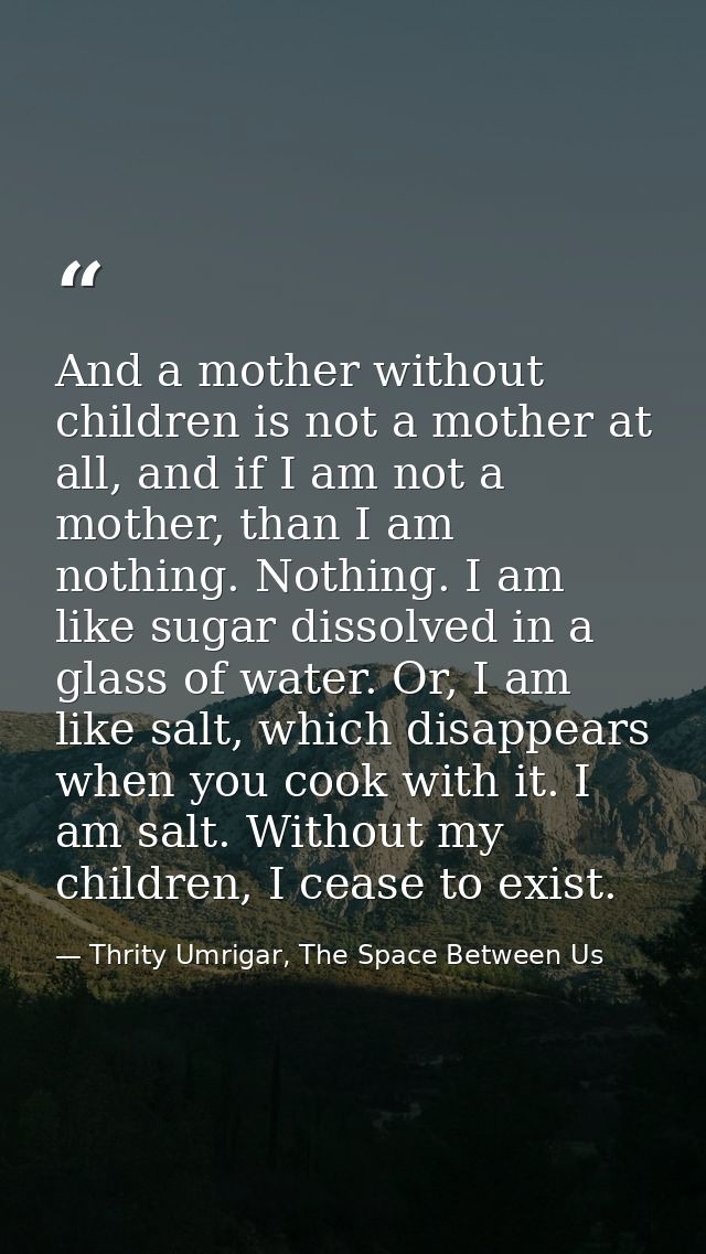 And a mother without children is not a mother at all, and if I am not a mother, than I am nothing. Nothing. I am like su — Thrity Umrigar, The Space Between Us