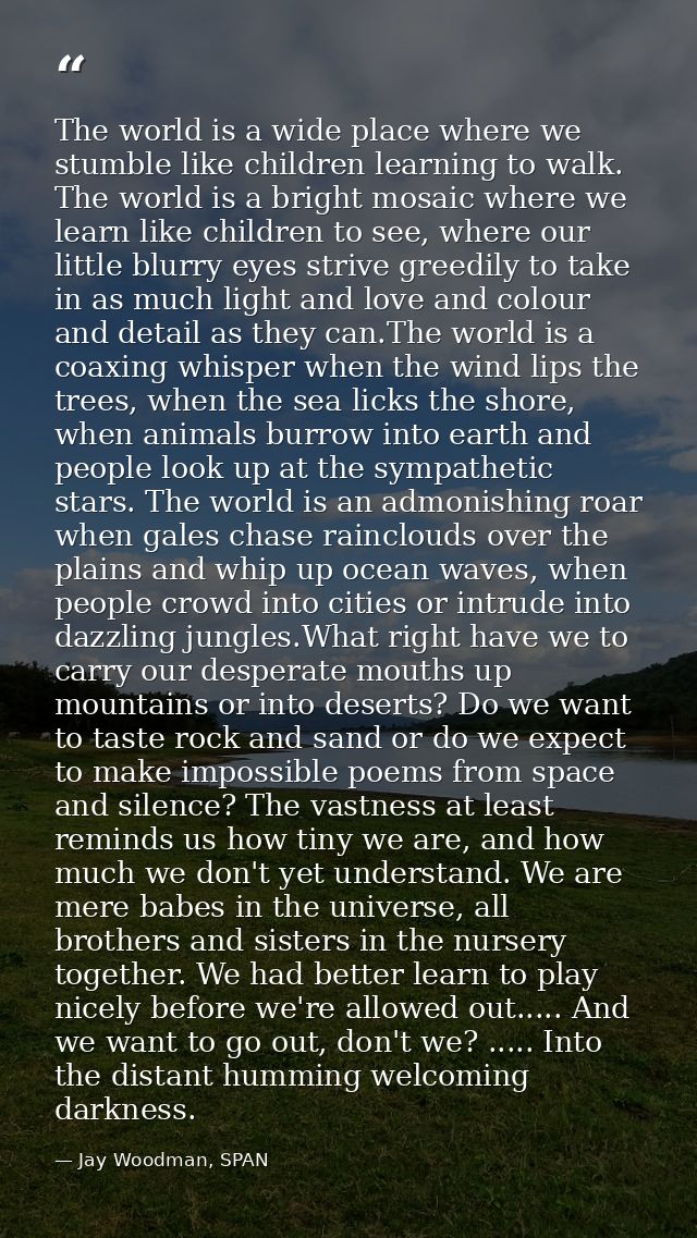 The world is a wide place where we stumble like children learning to walk. The world is a bright mosaic where we learn l — Jay Woodman, SPAN
