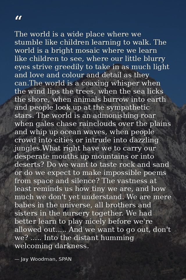 The world is a wide place where we stumble like children learning to walk. The world is a bright mosaic where we learn l — Jay Woodman, SPAN