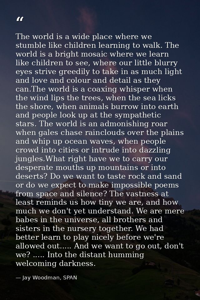 The world is a wide place where we stumble like children learning to walk. The world is a bright mosaic where we learn l — Jay Woodman, SPAN