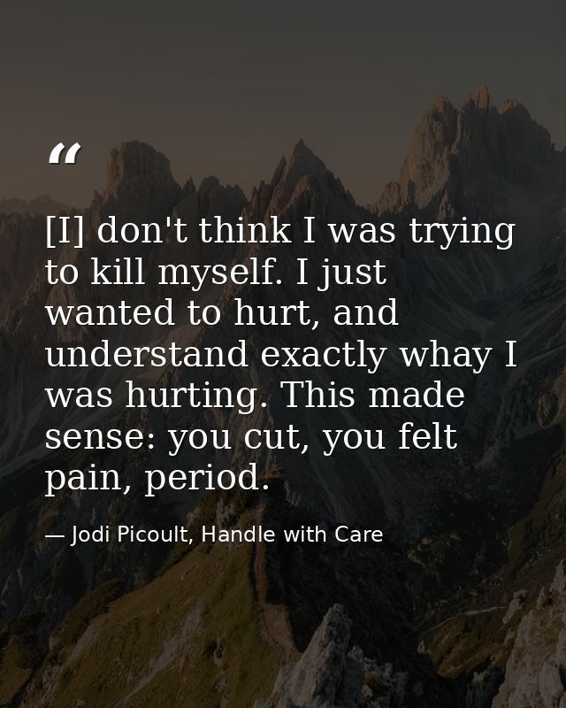[I] don't think I was trying to kill myself. I just wanted to hurt, and understand exactly whay I was hurting. This made — Jodi Picoult, Handle with Care