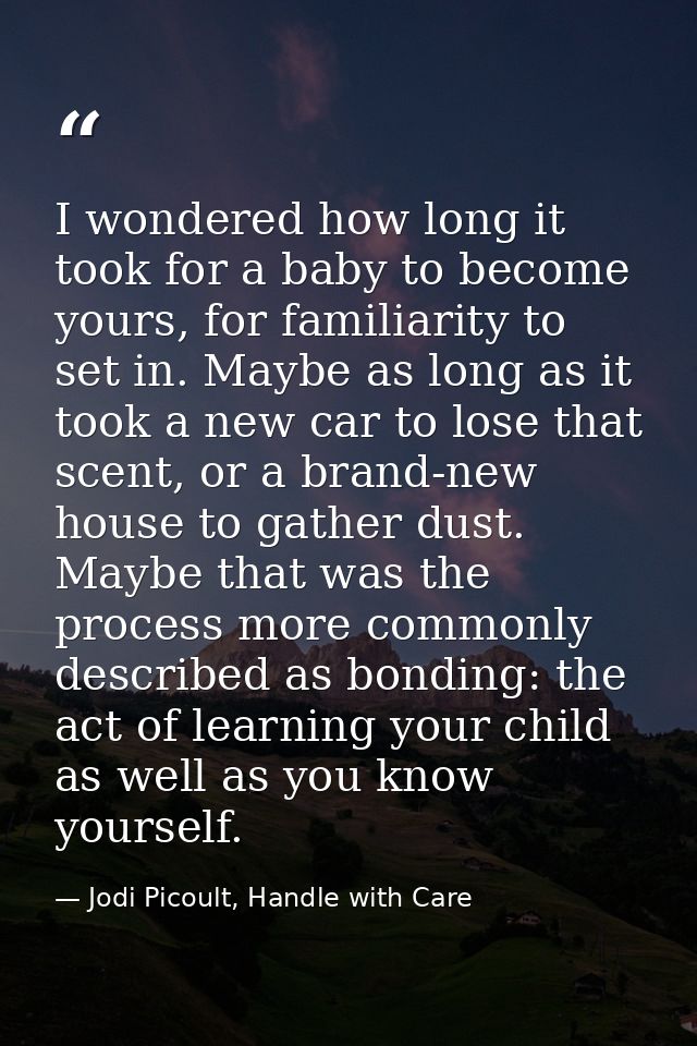 I wondered how long it took for a baby to become yours, for familiarity to set in. Maybe as long as it took a new car to — Jodi Picoult, Handle with Care