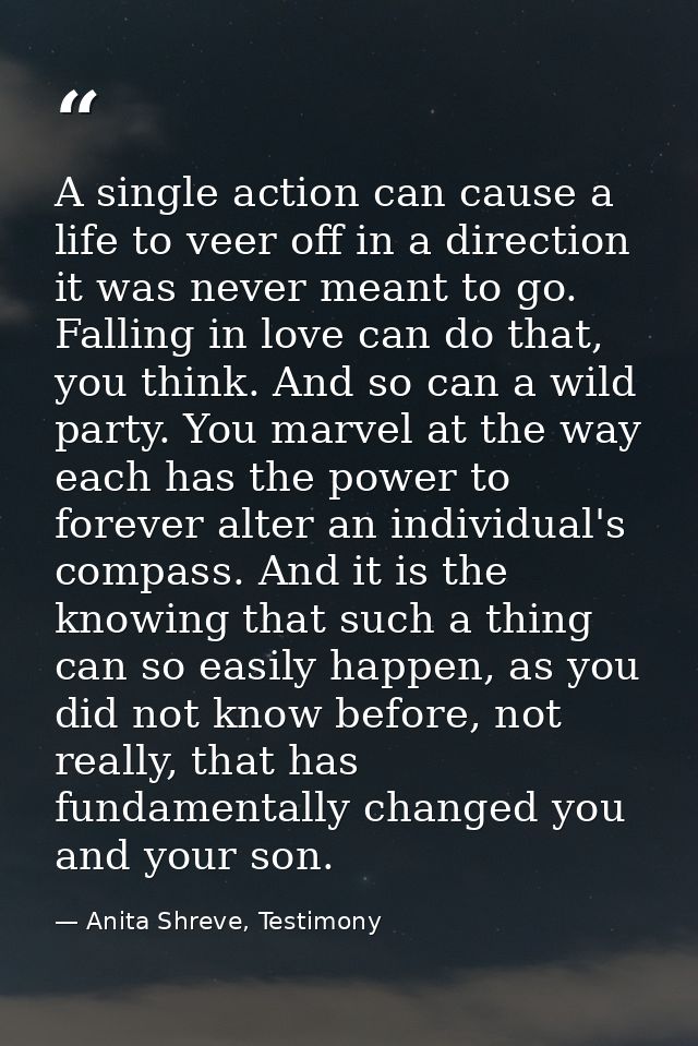 A single action can cause a life to veer off in a direction it was never meant to go. Falling in love can do that, you t — Anita Shreve, Testimony