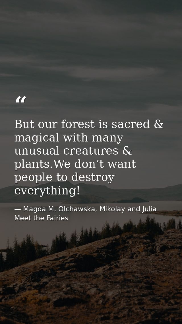 But our forest is sacred & magical with many unusual creatures & plants.We don’t want people to destroy everything! — Magda M. Olchawska, Mikolay and Julia Meet the Fairies
