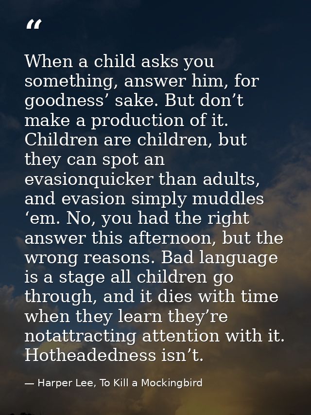 When a child asks you something, answer him, for goodness’ sake. But don’t make a production of it. Children are childre — Harper Lee, To Kill a Mockingbird