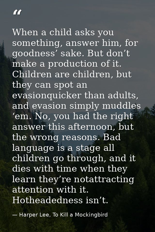 When a child asks you something, answer him, for goodness’ sake. But don’t make a production of it. Children are childre — Harper Lee, To Kill a Mockingbird