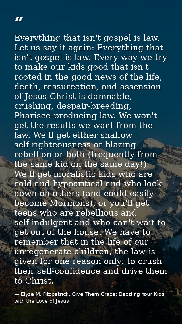 Everything that isn't gospel is law. Let us say it again: Everything that isn't gospel is law. Every way we try to make  — Elyse M. Fitzpatrick, Give Them Grace: Dazzling Your Kids with the Love of Jesus