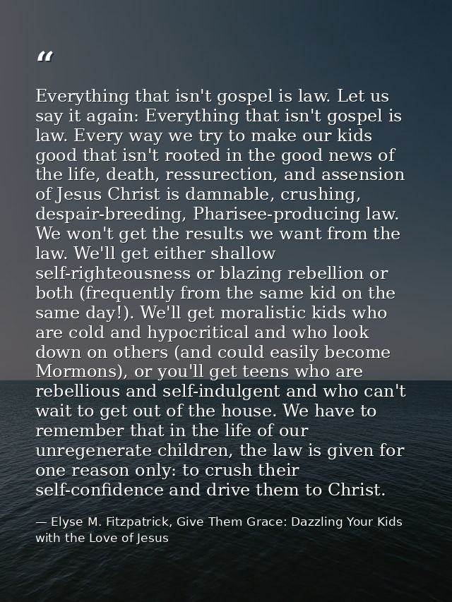 Everything that isn't gospel is law. Let us say it again: Everything that isn't gospel is law. Every way we try to make  — Elyse M. Fitzpatrick, Give Them Grace: Dazzling Your Kids with the Love of Jesus