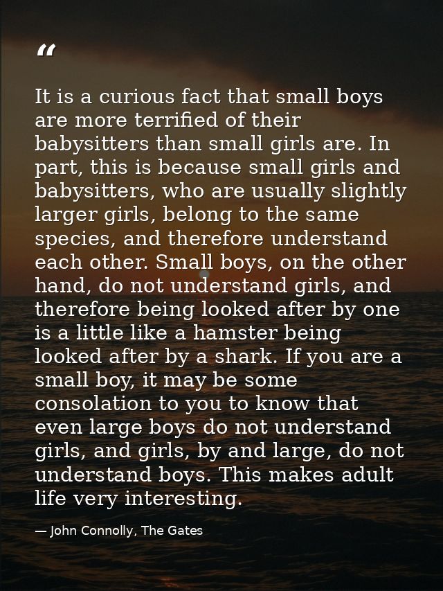 It is a curious fact that small boys are more terrified of their babysitters than small girls are. In part, this is beca — John Connolly, The Gates