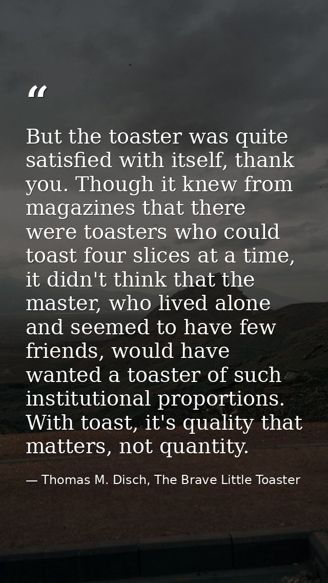 But the toaster was quite satisfied with itself, thank you. Though it knew from magazines that there were toasters who c — Thomas M. Disch, The Brave Little Toaster