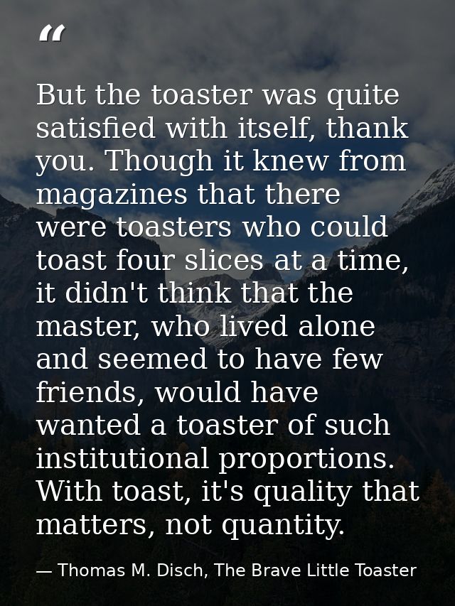 But the toaster was quite satisfied with itself, thank you. Though it knew from magazines that there were toasters who c — Thomas M. Disch, The Brave Little Toaster