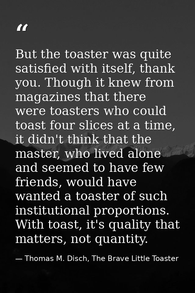 But the toaster was quite satisfied with itself, thank you. Though it knew from magazines that there were toasters who c — Thomas M. Disch, The Brave Little Toaster