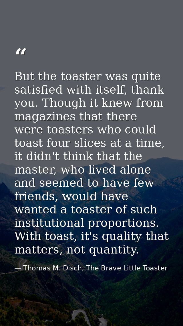 But the toaster was quite satisfied with itself, thank you. Though it knew from magazines that there were toasters who c — Thomas M. Disch, The Brave Little Toaster