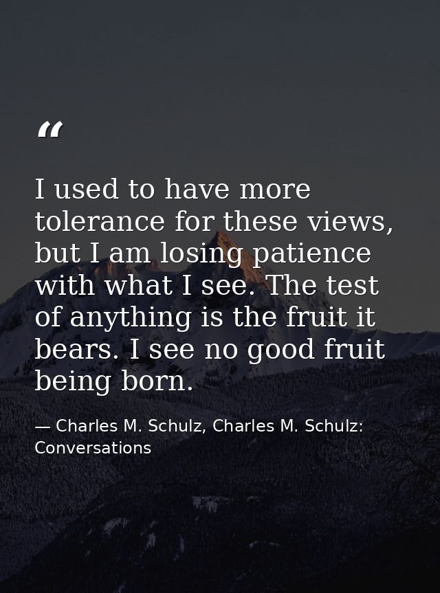 I used to have more tolerance for these views, but I am losing patience with what I see. The test of anything is the fru — Charles M. Schulz, Charles M. Schulz: Conversations