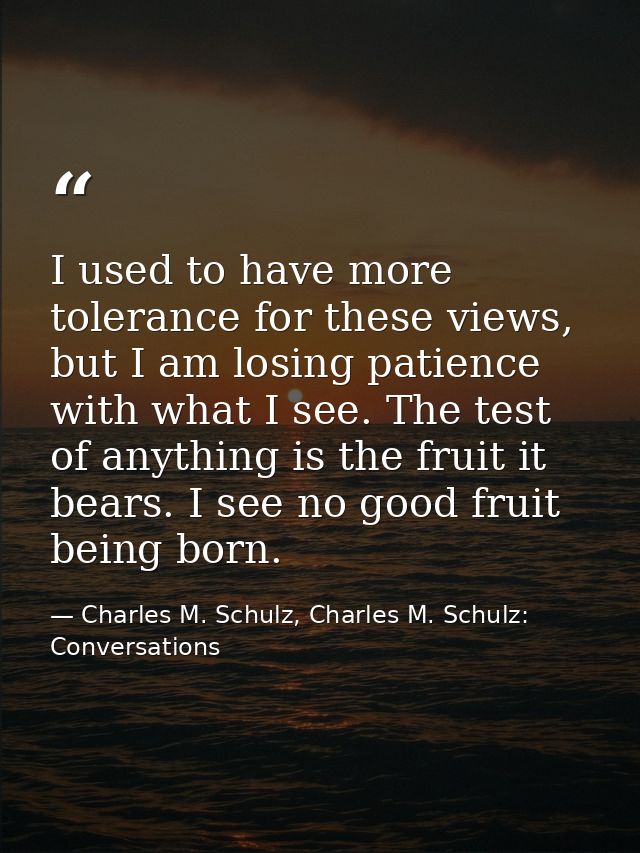 I used to have more tolerance for these views, but I am losing patience with what I see. The test of anything is the fru — Charles M. Schulz, Charles M. Schulz: Conversations