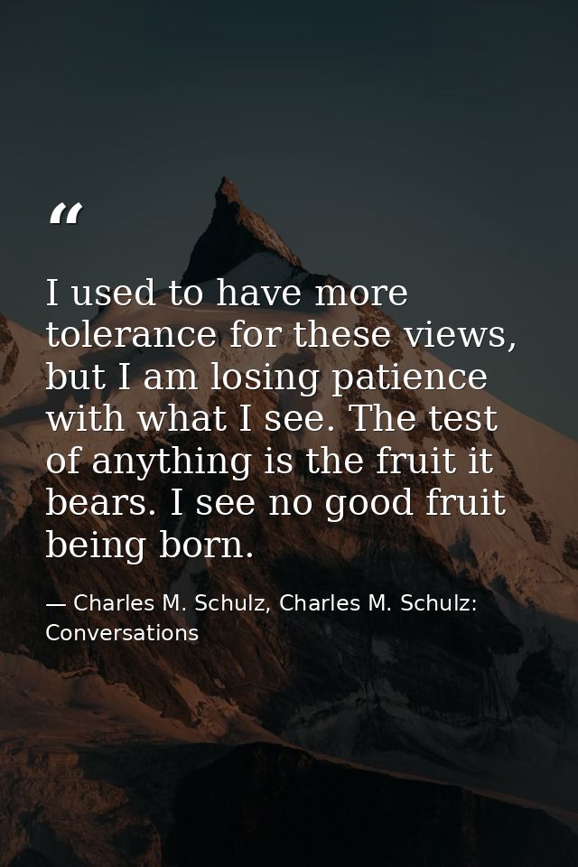 I used to have more tolerance for these views, but I am losing patience with what I see. The test of anything is the fru — Charles M. Schulz, Charles M. Schulz: Conversations