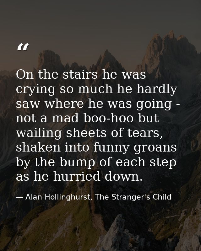 On the stairs he was crying so much he hardly saw where he was going - not a mad boo-hoo but wailing sheets of tears, sh — Alan Hollinghurst, The Stranger's Child