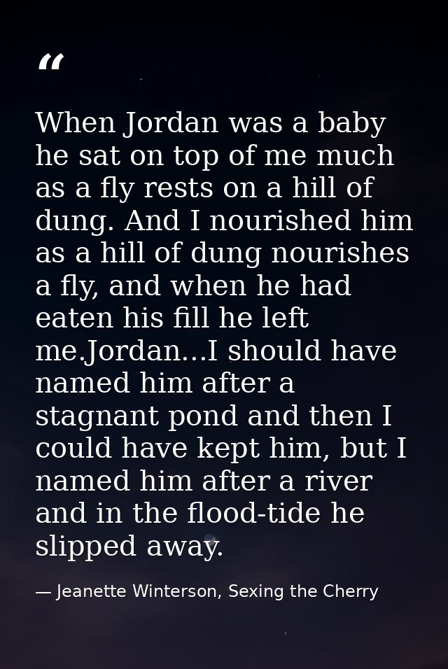 When Jordan was a baby he sat on top of me much as a fly rests on a hill of dung. And I nourished him as a hill of dung  — Jeanette Winterson, Sexing the Cherry