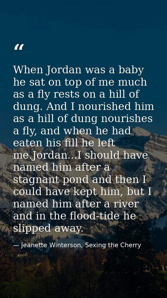 When Jordan was a baby he sat on top of me much as a fly rests on a hill of dung. And I nourished him as a hill of dung  — Jeanette Winterson, Sexing the Cherry