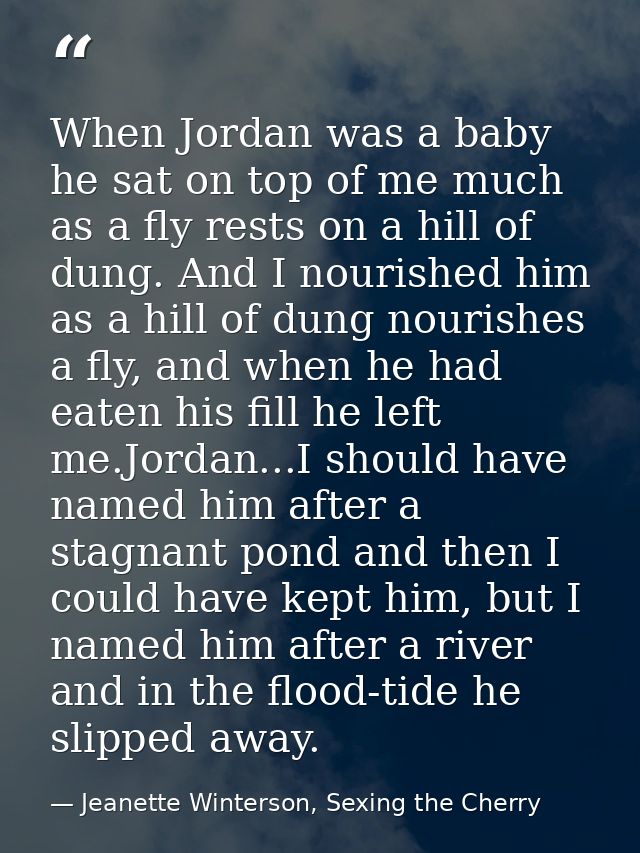 When Jordan was a baby he sat on top of me much as a fly rests on a hill of dung. And I nourished him as a hill of dung  — Jeanette Winterson, Sexing the Cherry