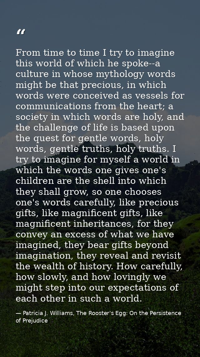 From time to time I try to imagine this world of which he spoke--a culture in whose mythology words might be that precio — Patricia J. Williams, The Rooster's Egg: On the Persistence of Prejudice