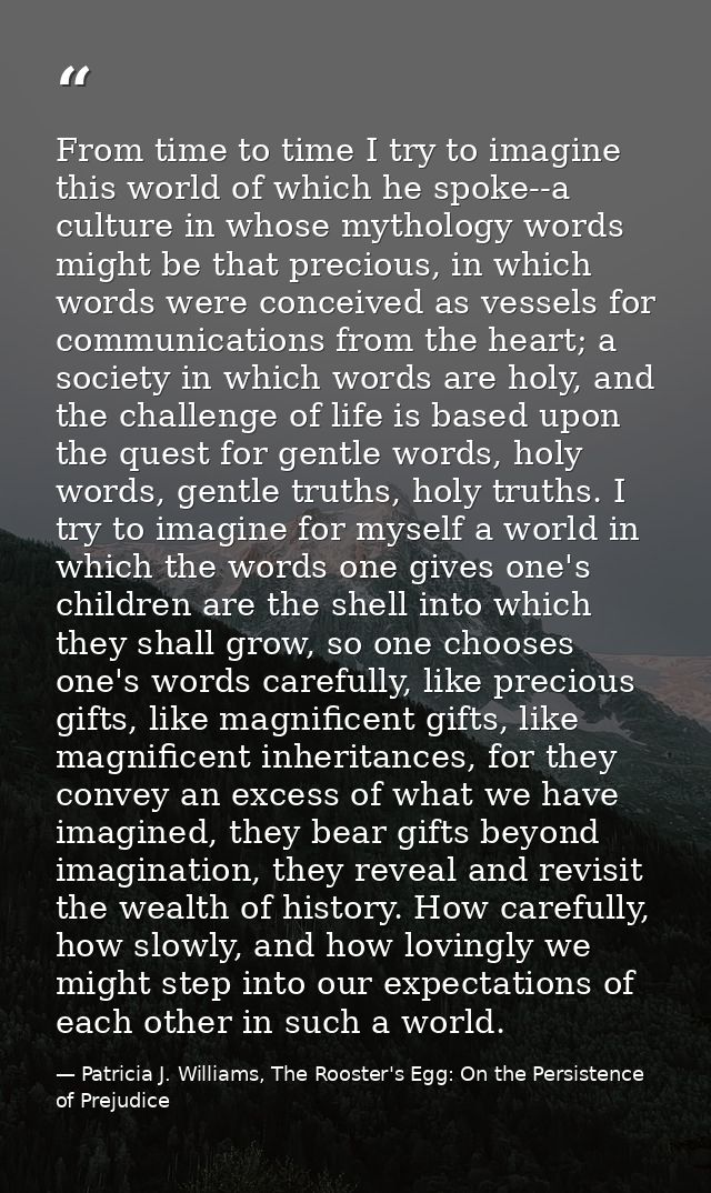 From time to time I try to imagine this world of which he spoke--a culture in whose mythology words might be that precio — Patricia J. Williams, The Rooster's Egg: On the Persistence of Prejudice