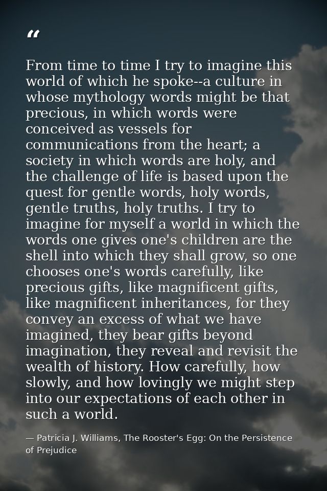 From time to time I try to imagine this world of which he spoke--a culture in whose mythology words might be that precio — Patricia J. Williams, The Rooster's Egg: On the Persistence of Prejudice