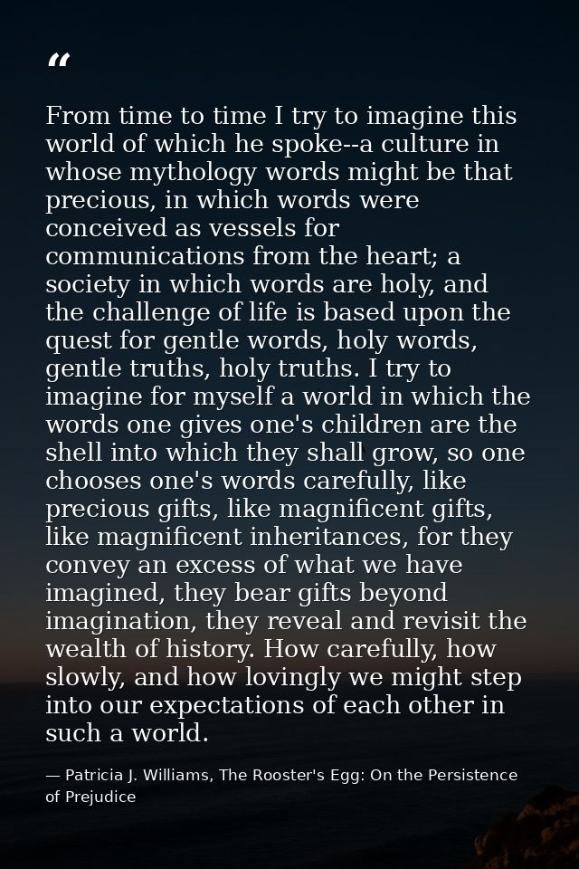 From time to time I try to imagine this world of which he spoke--a culture in whose mythology words might be that precio — Patricia J. Williams, The Rooster's Egg: On the Persistence of Prejudice