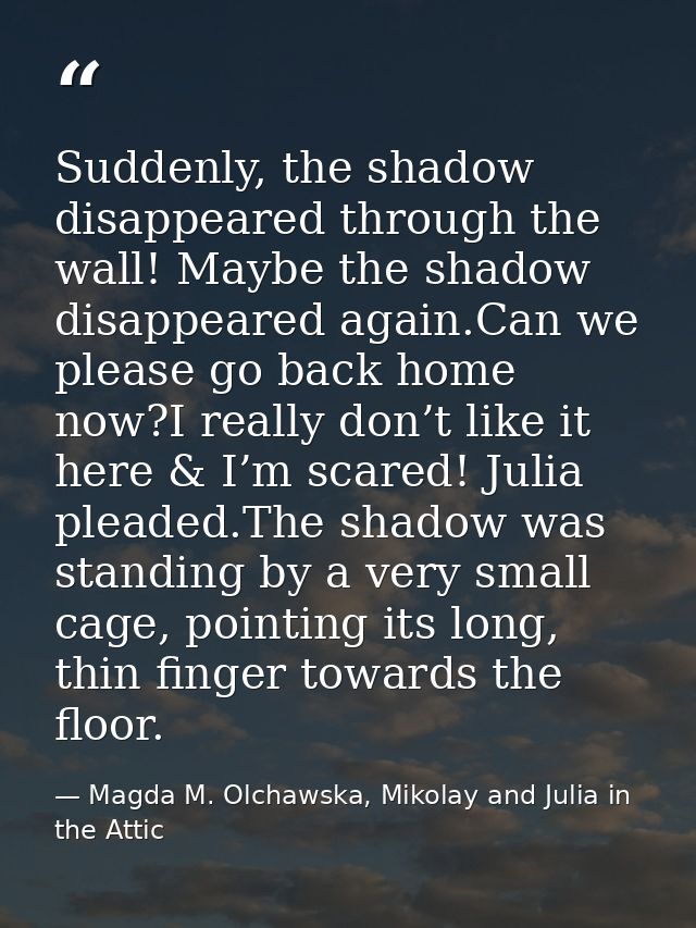 Suddenly, the shadow disappeared through the wall! Maybe the shadow disappeared again.Can we please go back home now?I r — Magda M. Olchawska, Mikolay and Julia in the Attic