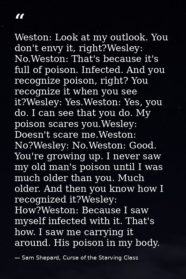 Weston: Look at my outlook. You don't envy it, right?Wesley: No.Weston: That's because it's full of poison. Infected. An — Sam Shepard, Curse of the Starving Class