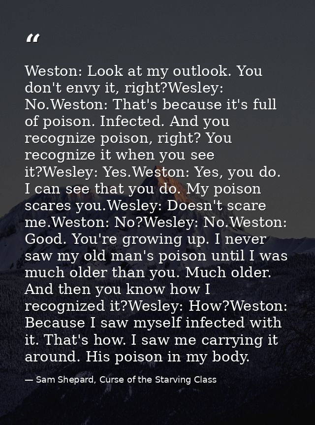 Weston: Look at my outlook. You don't envy it, right?Wesley: No.Weston: That's because it's full of poison. Infected. An — Sam Shepard, Curse of the Starving Class