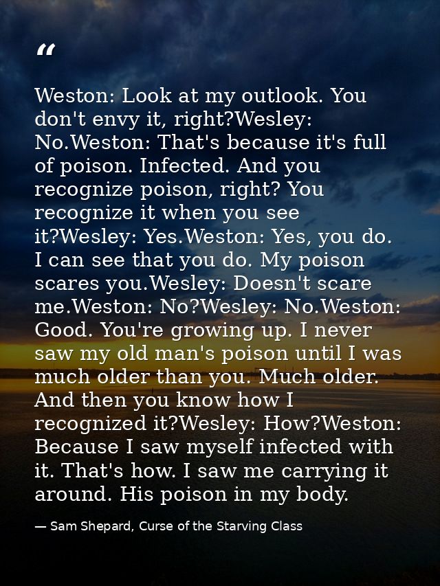 Weston: Look at my outlook. You don't envy it, right?Wesley: No.Weston: That's because it's full of poison. Infected. An — Sam Shepard, Curse of the Starving Class