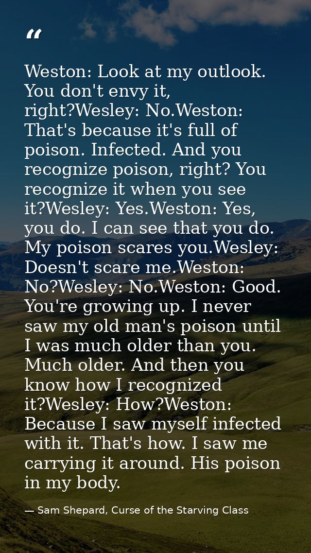Weston: Look at my outlook. You don't envy it, right?Wesley: No.Weston: That's because it's full of poison. Infected. An — Sam Shepard, Curse of the Starving Class