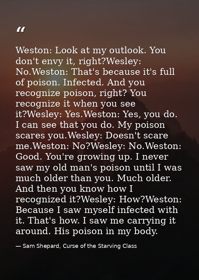 Weston: Look at my outlook. You don't envy it, right?Wesley: No.Weston: That's because it's full of poison. Infected. An — Sam Shepard, Curse of the Starving Class