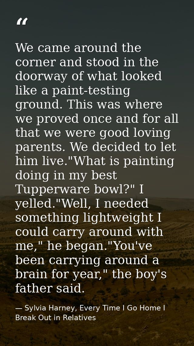 We came around the corner and stood in the doorway of what looked like a paint-testing ground. This was where we proved  — Sylvia Harney, Every Time I Go Home I Break Out in Relatives