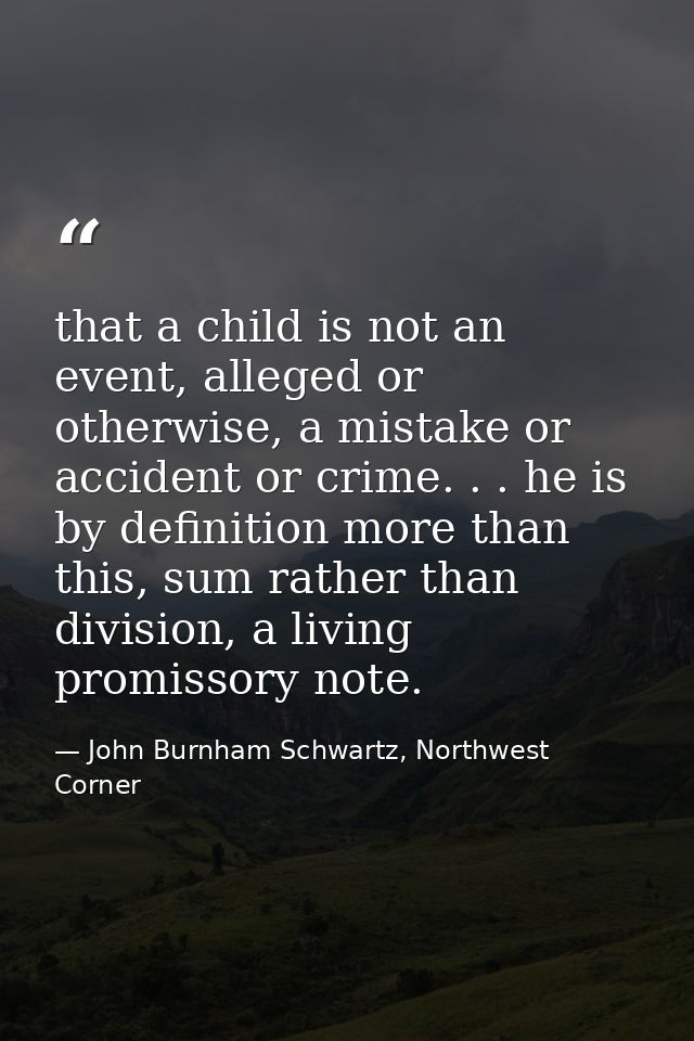 that a child is not an event, alleged or otherwise, a mistake or accident or crime. . . he is by definition more than th — John Burnham Schwartz, Northwest Corner