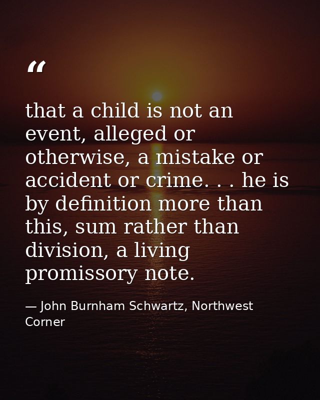 that a child is not an event, alleged or otherwise, a mistake or accident or crime. . . he is by definition more than th — John Burnham Schwartz, Northwest Corner