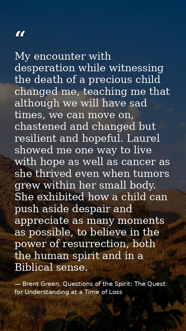My encounter with desperation while witnessing the death of a precious child changed me, teaching me that although we wi — Brent Green, Questions of the Spirit: The Quest for Understanding at a Time of Loss