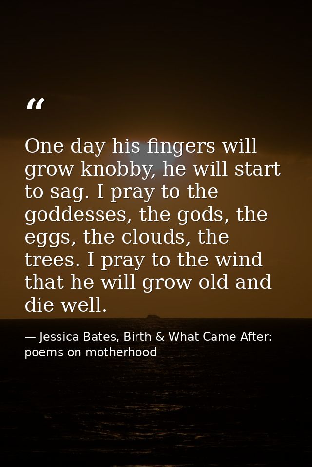 One day his fingers will grow knobby, he will start to sag. I pray to the goddesses, the gods, the eggs, the clouds, the — Jessica Bates, Birth & What Came After: poems on motherhood