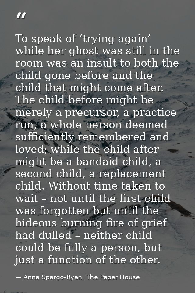 To speak of ‘trying again’ while her ghost was still in the room was an insult to both the child gone before and the chi — Anna Spargo-Ryan, The Paper House