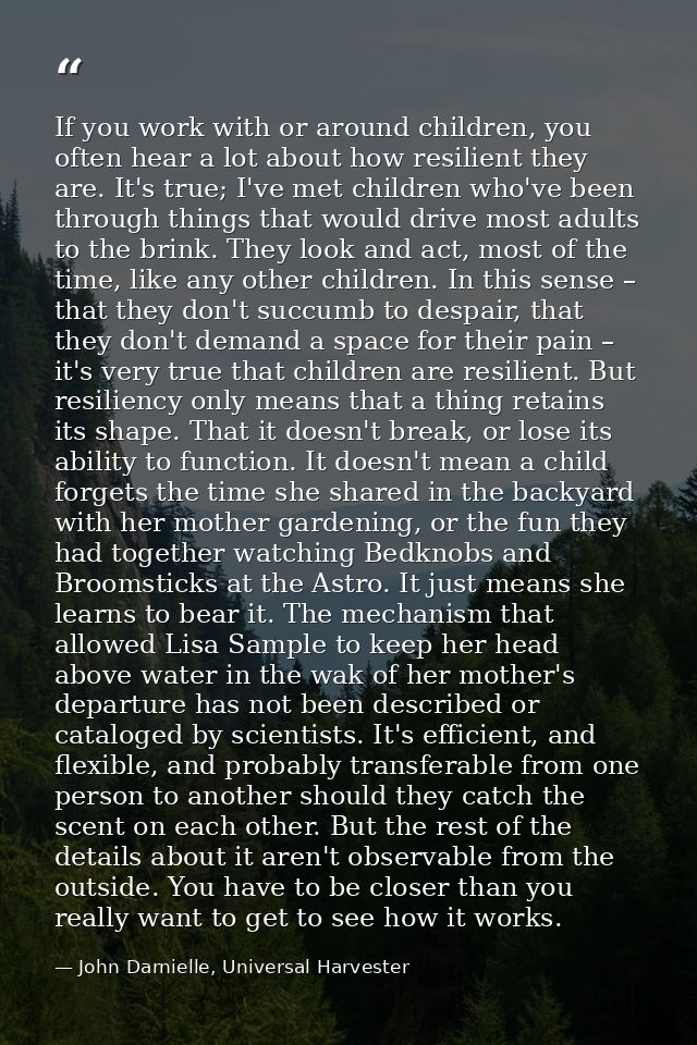 If you work with or around children, you often hear a lot about how resilient they are. It's true; I've met children who — John Darnielle, Universal Harvester