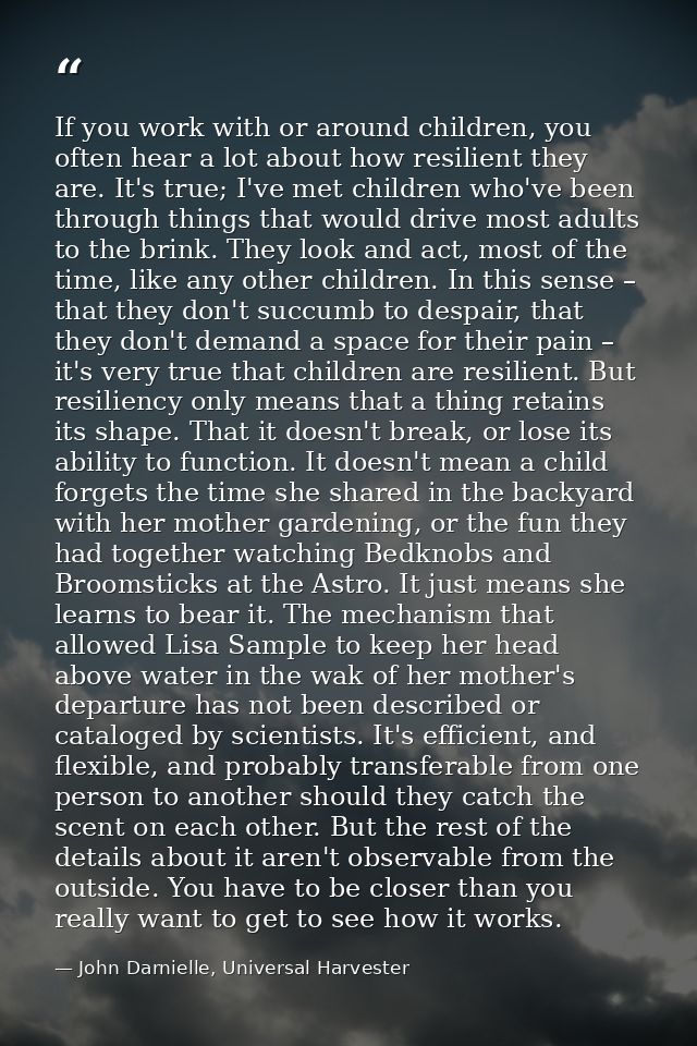If you work with or around children, you often hear a lot about how resilient they are. It's true; I've met children who — John Darnielle, Universal Harvester