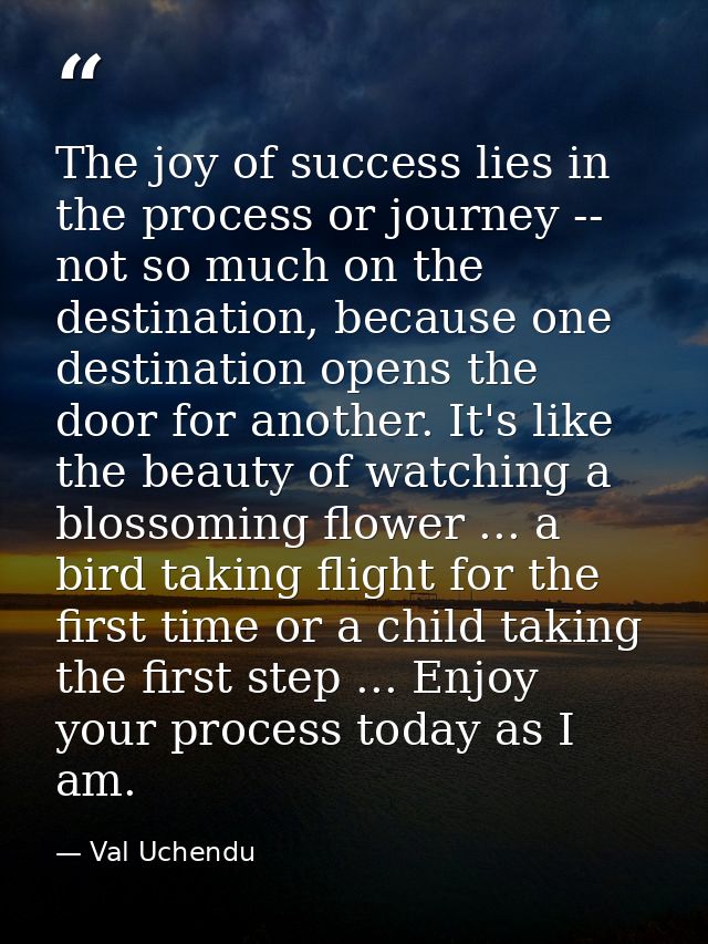 The joy of success lies in the process or journey -- not so much on the destination, because one destination opens the d — Val Uchendu