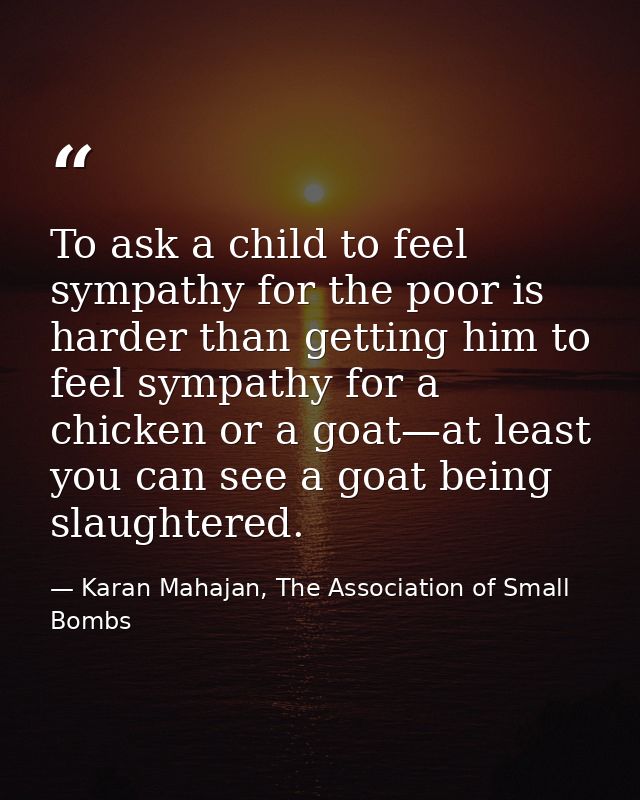To ask a child to feel sympathy for the poor is harder than getting him to feel sympathy for a chicken or a goat—at leas — Karan Mahajan, The Association of Small Bombs