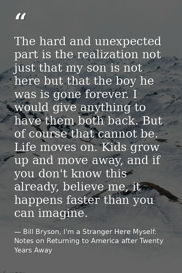 The hard and unexpected part is the realization not just that my son is not here but that the boy he was is gone forever — Bill Bryson, I'm a Stranger Here Myself: Notes on Returning to America after Twenty Years Away