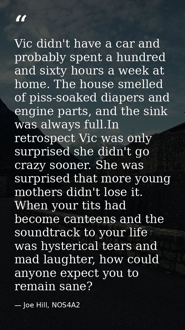 Vic didn't have a car and probably spent a hundred and sixty hours a week at home. The house smelled of piss-soaked diap — Joe Hill, NOS4A2