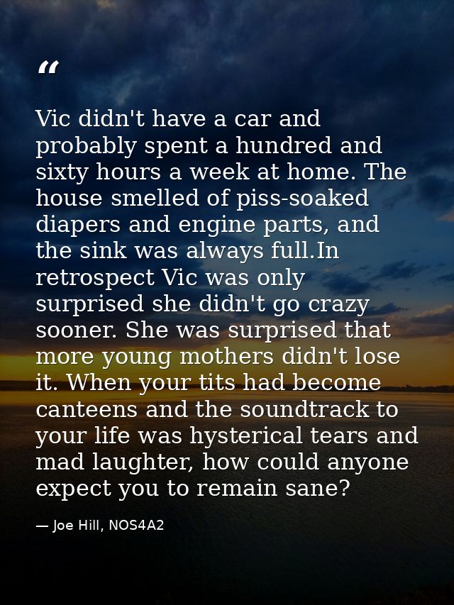 Vic didn't have a car and probably spent a hundred and sixty hours a week at home. The house smelled of piss-soaked diap — Joe Hill, NOS4A2