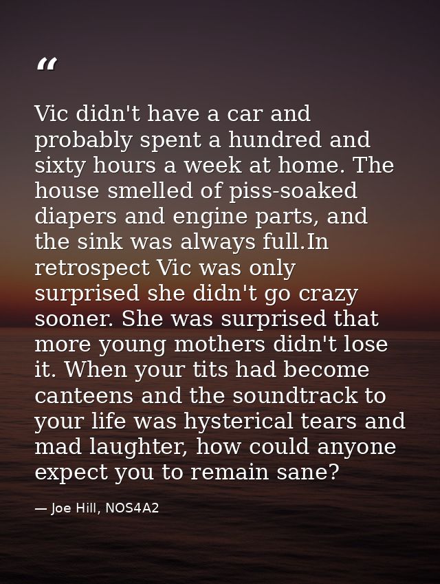 Vic didn't have a car and probably spent a hundred and sixty hours a week at home. The house smelled of piss-soaked diap — Joe Hill, NOS4A2