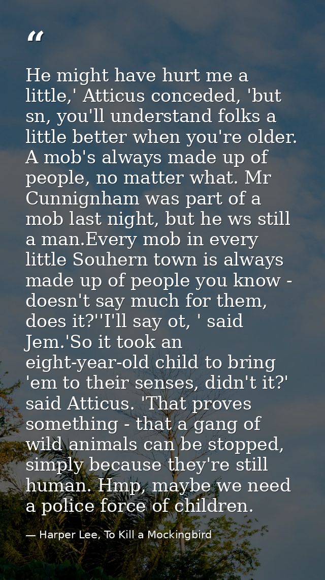 He might have hurt me a little,' Atticus conceded, 'but sn, you'll understand folks a little better when you're older. A — Harper Lee, To Kill a Mockingbird