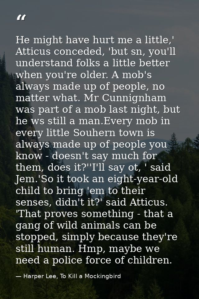 He might have hurt me a little,' Atticus conceded, 'but sn, you'll understand folks a little better when you're older. A — Harper Lee, To Kill a Mockingbird